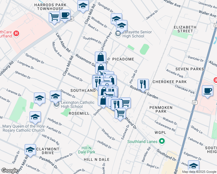map of restaurants, bars, coffee shops, grocery stores, and more near 455 Southland Drive in Lexington