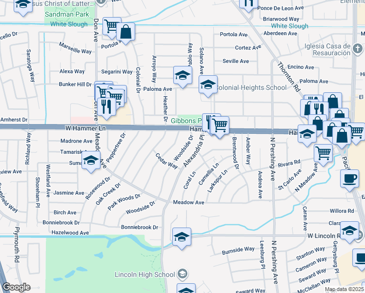 map of restaurants, bars, coffee shops, grocery stores, and more near 7703 Woodside Drive in Stockton
