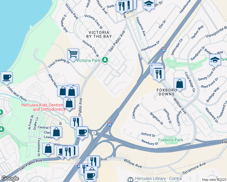 map of restaurants, bars, coffee shops, grocery stores, and more near 100 Copper Beach Gn in Hercules