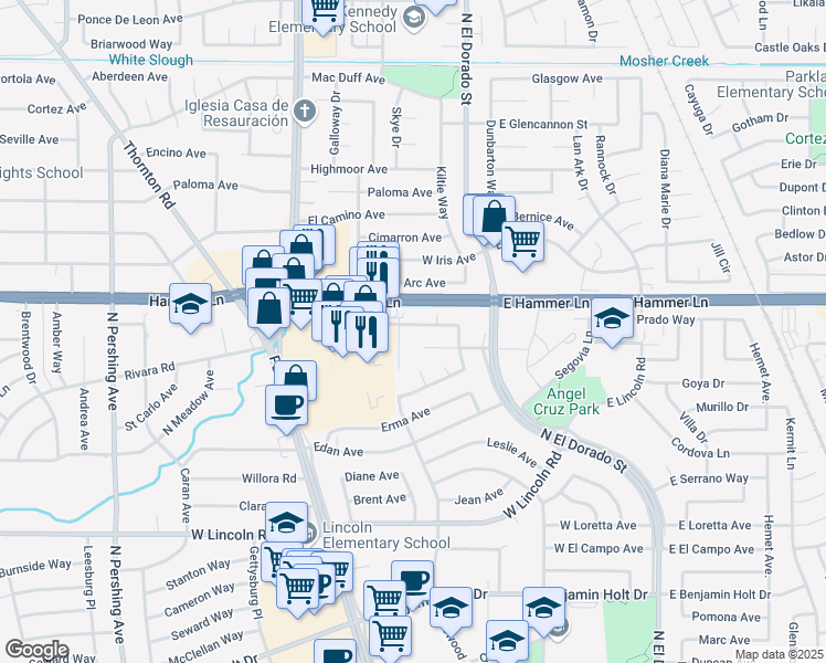 map of restaurants, bars, coffee shops, grocery stores, and more near 422 San Carlos Way in Stockton