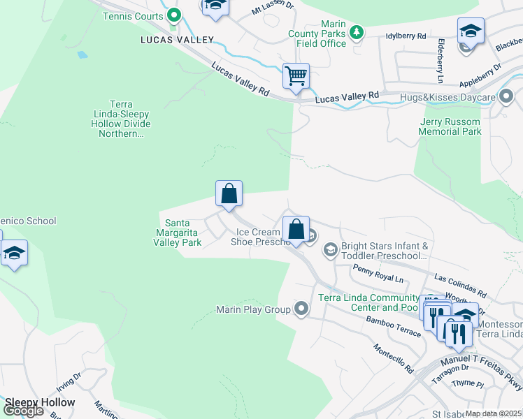 map of restaurants, bars, coffee shops, grocery stores, and more near 20 Cortes Court in San Rafael