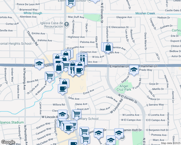 map of restaurants, bars, coffee shops, grocery stores, and more near 422 San Carlos Way in Stockton