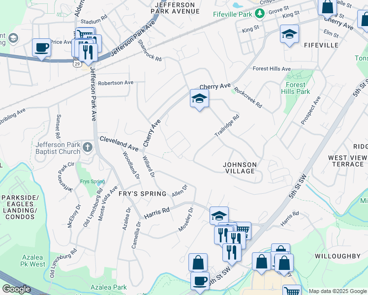map of restaurants, bars, coffee shops, grocery stores, and more near 723 Rainier Road in Charlottesville