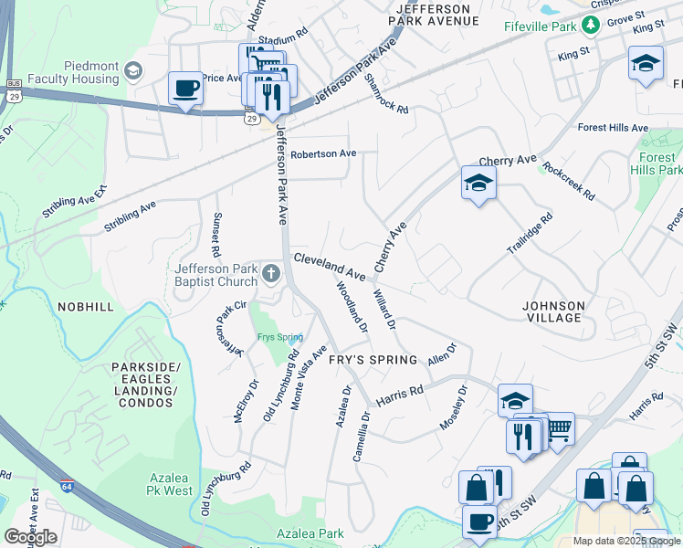 map of restaurants, bars, coffee shops, grocery stores, and more near 2506 Woodland Drive in Charlottesville