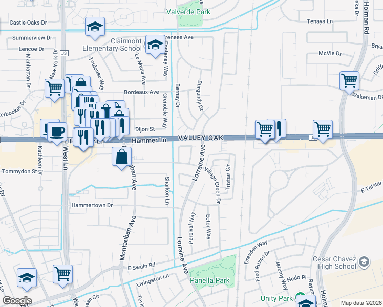 map of restaurants, bars, coffee shops, grocery stores, and more near 2505 Gareth Circle in Stockton