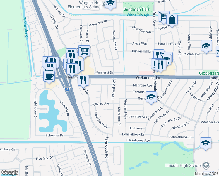 map of restaurants, bars, coffee shops, grocery stores, and more near 2905 Rockford Avenue in Stockton
