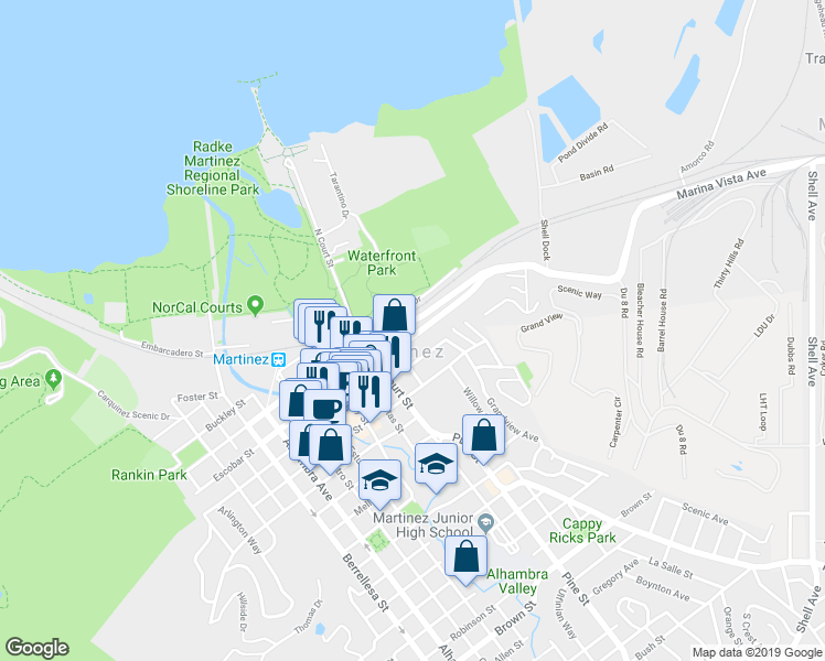 map of restaurants, bars, coffee shops, grocery stores, and more near 1227 Escobar Street in Martinez