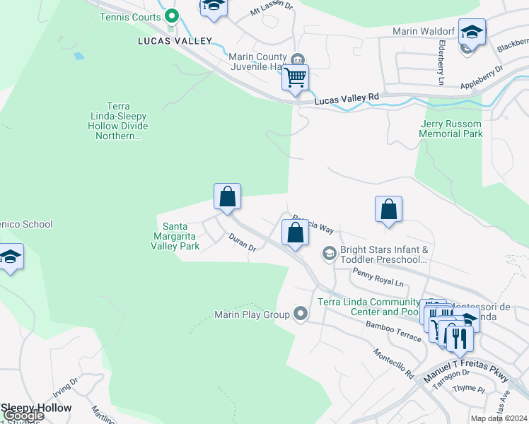 map of restaurants, bars, coffee shops, grocery stores, and more near 20 Cortes Court in San Rafael