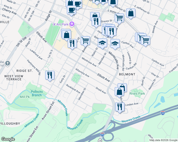 map of restaurants, bars, coffee shops, grocery stores, and more near 812 Montrose Avenue in Charlottesville