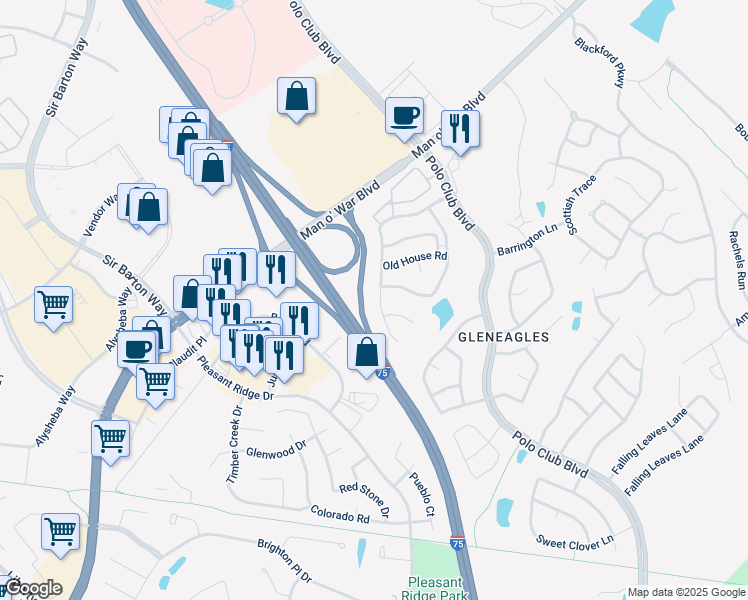 map of restaurants, bars, coffee shops, grocery stores, and more near 2168 Market Garden Lane in Lexington