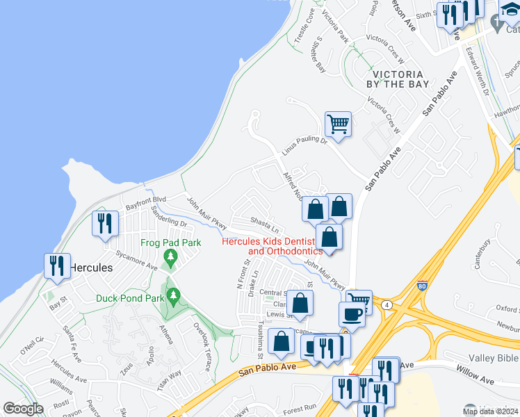 map of restaurants, bars, coffee shops, grocery stores, and more near 1919 Tioga Loop in Hercules
