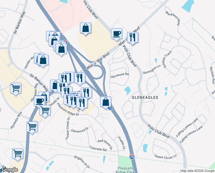map of restaurants, bars, coffee shops, grocery stores, and more near 2168 Market Garden Lane in Lexington