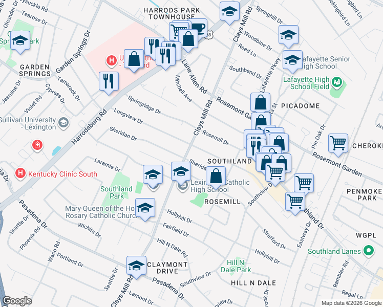 map of restaurants, bars, coffee shops, grocery stores, and more near 2200 Clays Mill Road in Lexington
