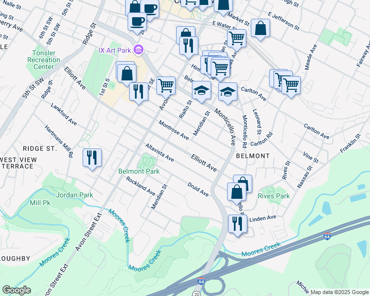 map of restaurants, bars, coffee shops, grocery stores, and more near 819 Elliott Avenue in Charlottesville
