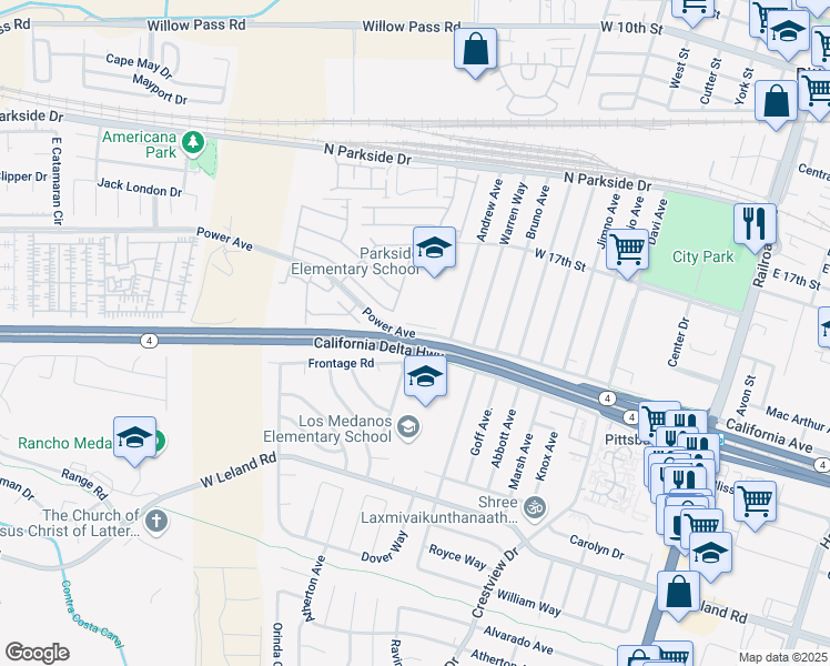 map of restaurants, bars, coffee shops, grocery stores, and more near 1012 Power Avenue in Pittsburg