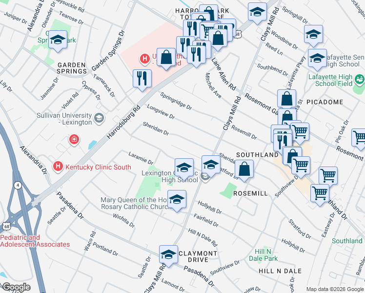 map of restaurants, bars, coffee shops, grocery stores, and more near 644 Sheridan Drive in Lexington