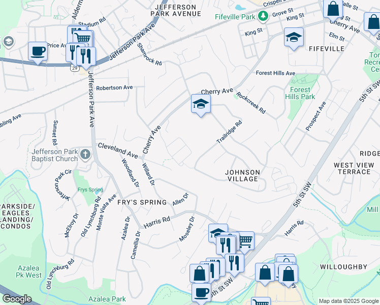map of restaurants, bars, coffee shops, grocery stores, and more near 733 Rainier Road in Charlottesville