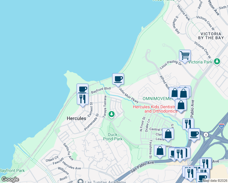 map of restaurants, bars, coffee shops, grocery stores, and more near 2525 Bayfront Boulevard in Hercules