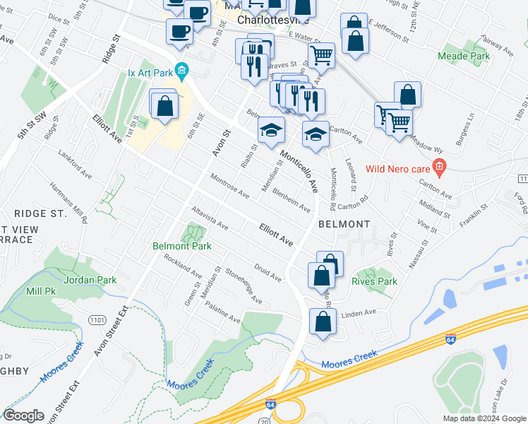 map of restaurants, bars, coffee shops, grocery stores, and more near 906 Montrose Avenue in Charlottesville