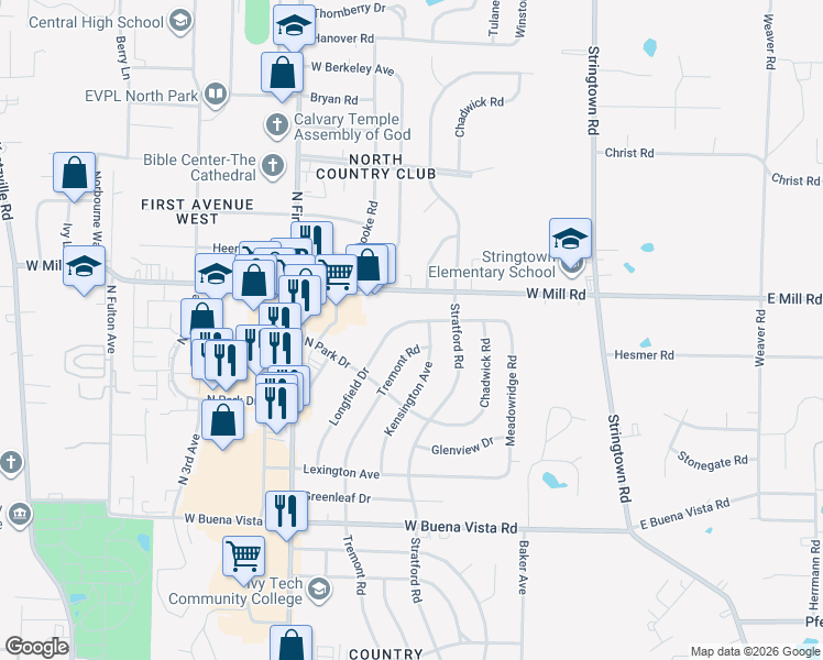 map of restaurants, bars, coffee shops, grocery stores, and more near 425 Pemberton Avenue in Evansville