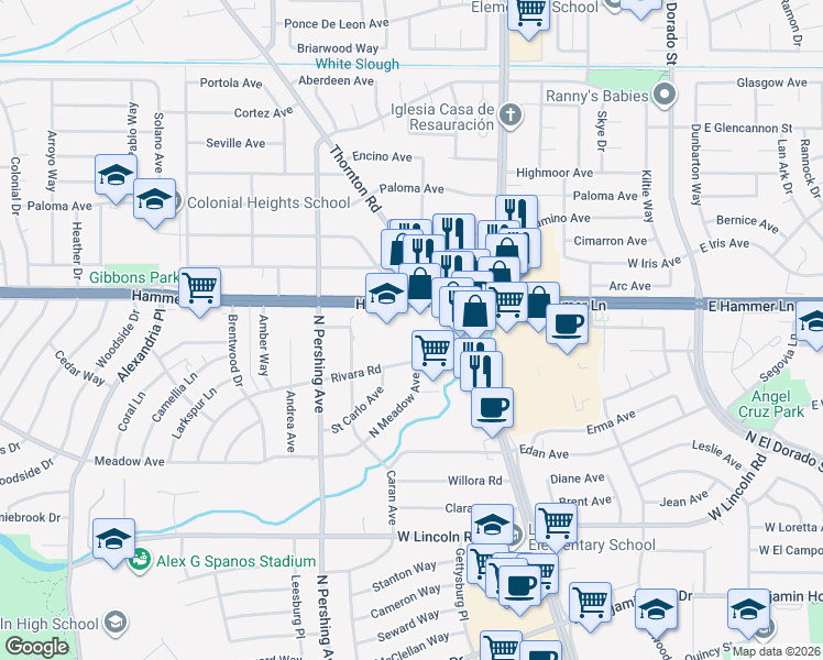 map of restaurants, bars, coffee shops, grocery stores, and more near 1148 West Hammer Lane in Stockton
