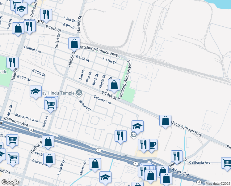 map of restaurants, bars, coffee shops, grocery stores, and more near 1371 Columbia Street in Pittsburg