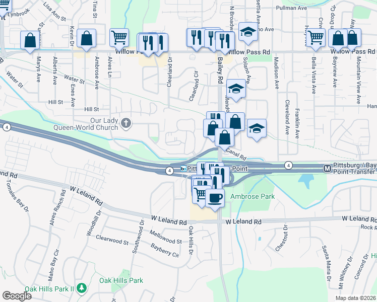 map of restaurants, bars, coffee shops, grocery stores, and more near 675 Chadwick Lane in Bay Point