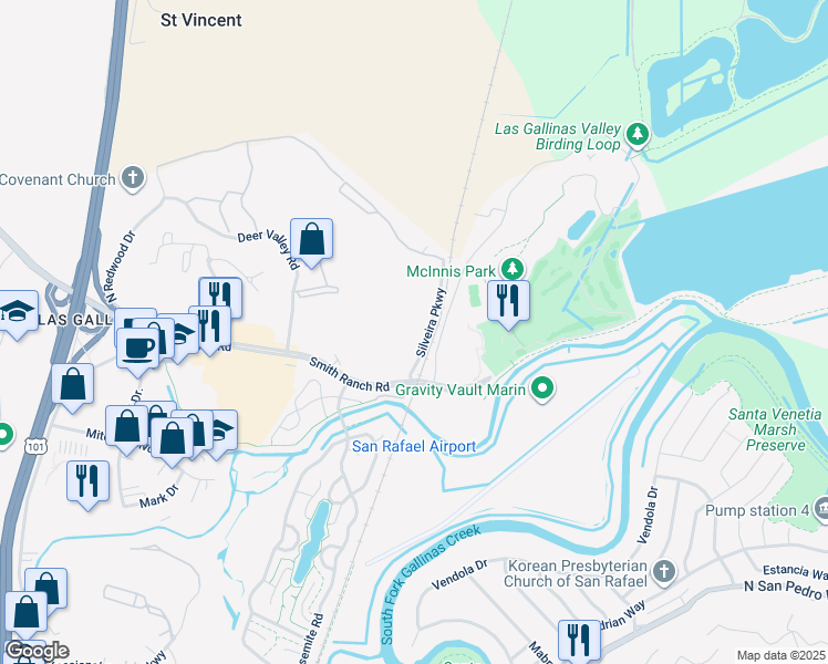 map of restaurants, bars, coffee shops, grocery stores, and more near 1550 Silveira Parkway in San Rafael