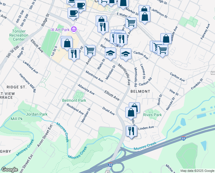 map of restaurants, bars, coffee shops, grocery stores, and more near 906 Montrose Avenue in Charlottesville
