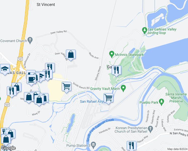 map of restaurants, bars, coffee shops, grocery stores, and more near 1550 Silveira Parkway in San Rafael