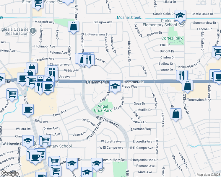 map of restaurants, bars, coffee shops, grocery stores, and more near 250 Segovia Lane in Stockton