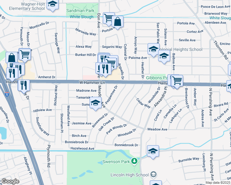 map of restaurants, bars, coffee shops, grocery stores, and more near 7823 Peppertree Drive in Stockton