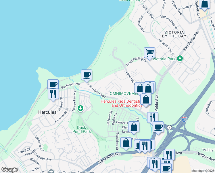 map of restaurants, bars, coffee shops, grocery stores, and more near 2002 Tioga Loop in Hercules