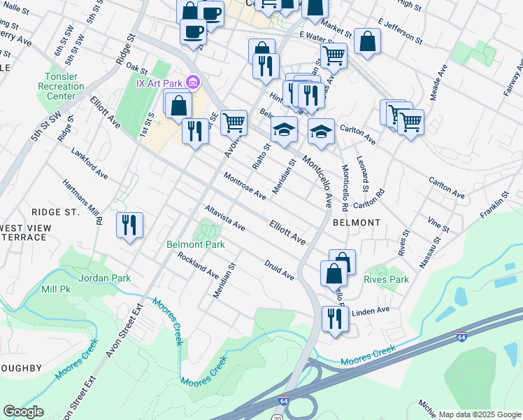 map of restaurants, bars, coffee shops, grocery stores, and more near 819 Elliott Avenue in Charlottesville
