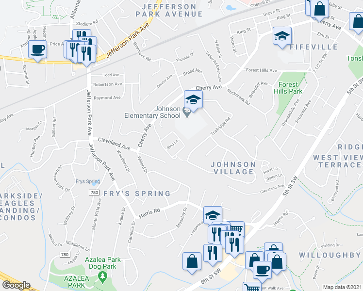 map of restaurants, bars, coffee shops, grocery stores, and more near 733 Rainier Road in Charlottesville