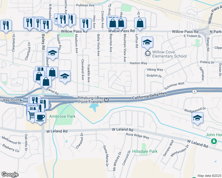 map of restaurants, bars, coffee shops, grocery stores, and more near 198 Maureen Circle in Bay Point