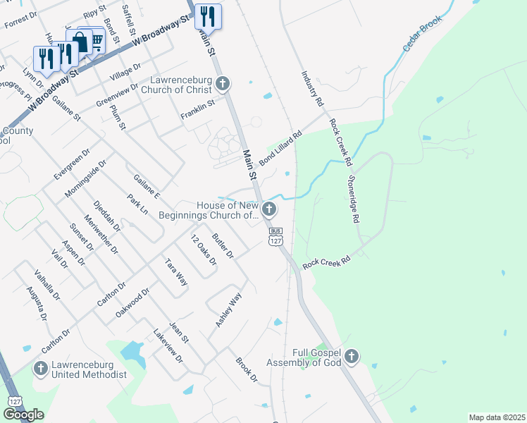 map of restaurants, bars, coffee shops, grocery stores, and more near 1160 U.S. 127 Business in Lawrenceburg