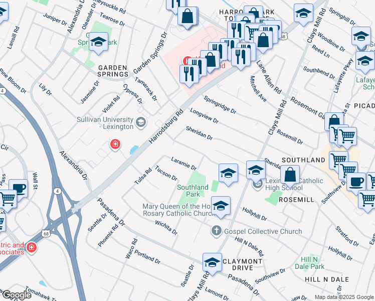map of restaurants, bars, coffee shops, grocery stores, and more near 648 Cardinal Lane in Lexington