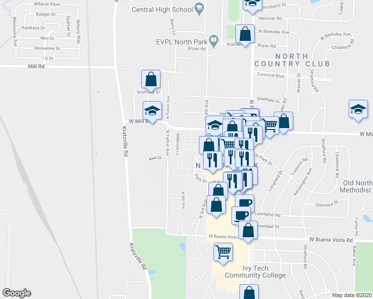 map of restaurants, bars, coffee shops, grocery stores, and more near 1169 Wellington Drive in Evansville