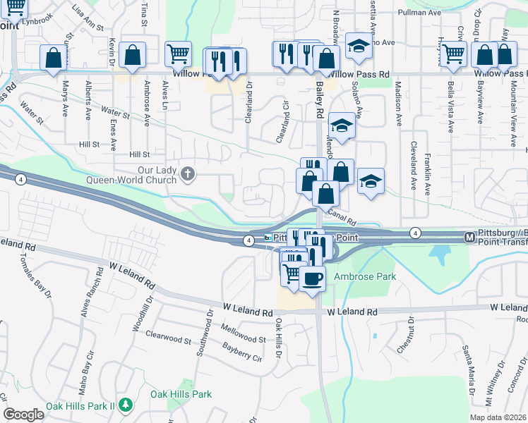 map of restaurants, bars, coffee shops, grocery stores, and more near 105 Lancaster Lane in Bay Point