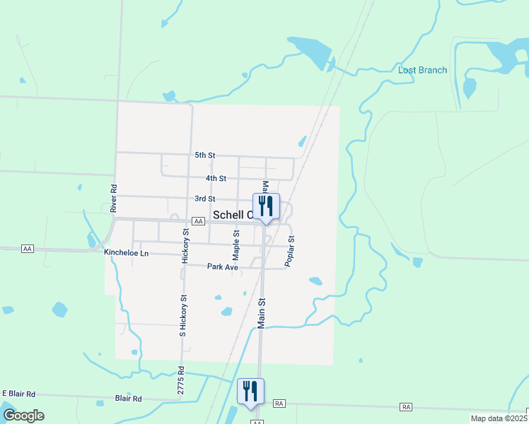 map of restaurants, bars, coffee shops, grocery stores, and more near 145 3rd Street in Schell City