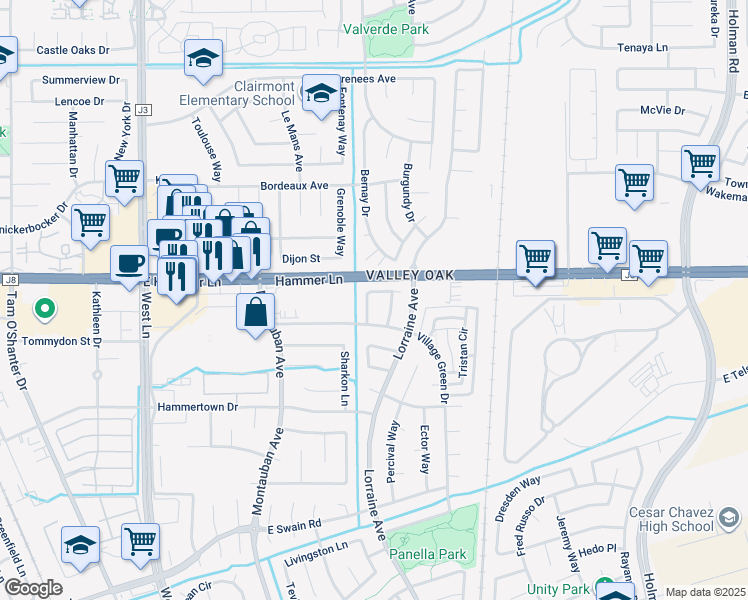 map of restaurants, bars, coffee shops, grocery stores, and more near 2367 Gareth Circle in Stockton