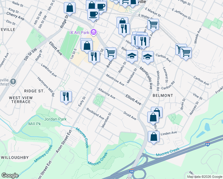 map of restaurants, bars, coffee shops, grocery stores, and more near 732 Elliott Ave in Charlottesville