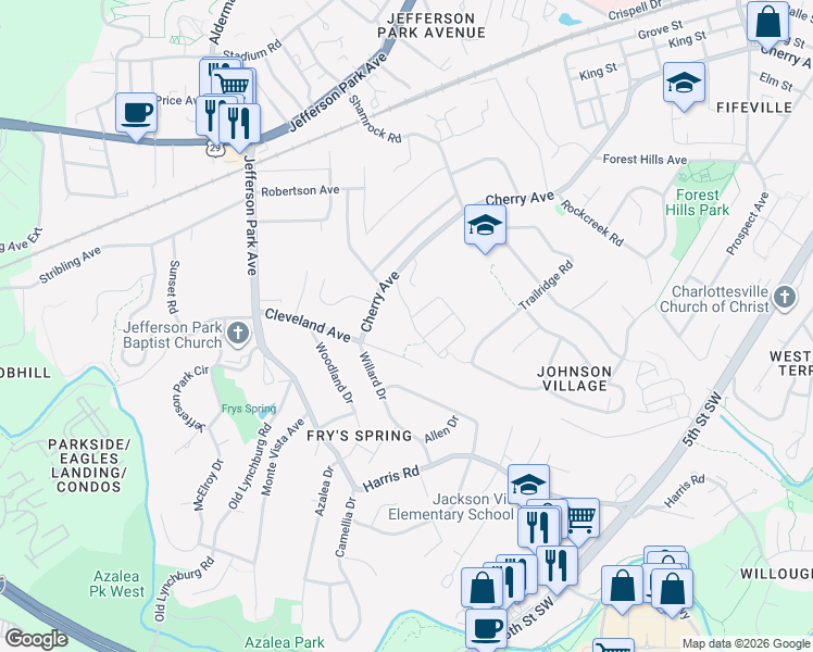 map of restaurants, bars, coffee shops, grocery stores, and more near 930 Rainier Road in Charlottesville