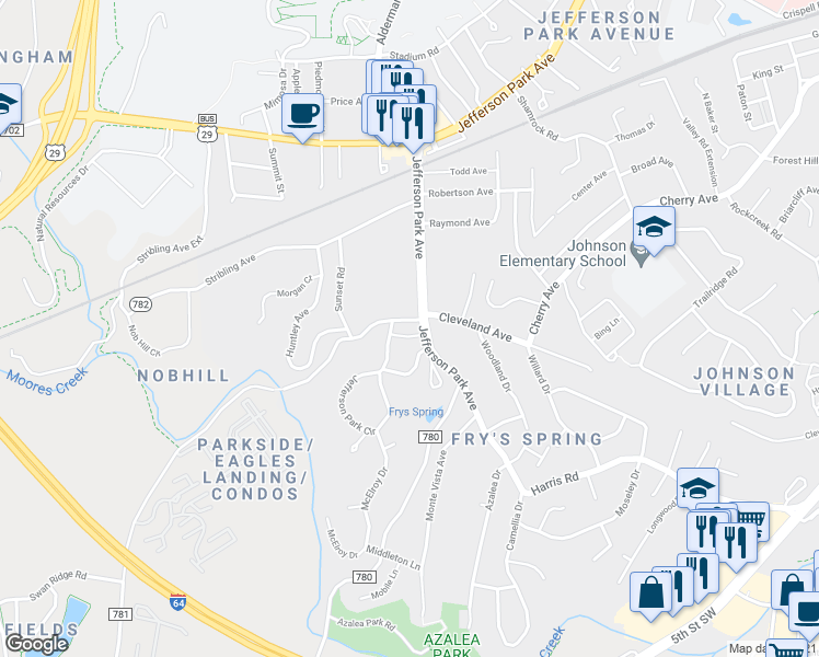 map of restaurants, bars, coffee shops, grocery stores, and more near 106 Sunset Avenue in Charlottesville