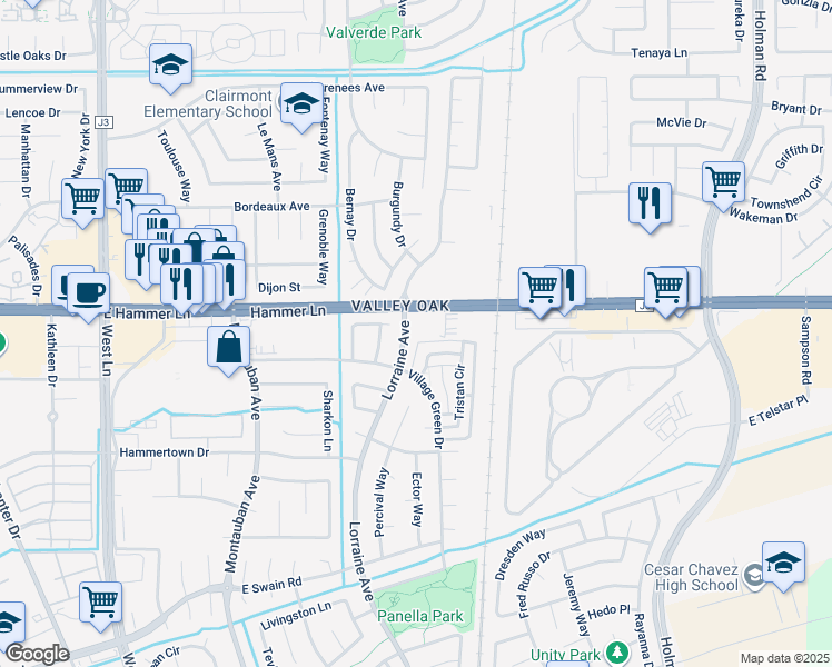 map of restaurants, bars, coffee shops, grocery stores, and more near 7720 Lorraine Avenue in Stockton