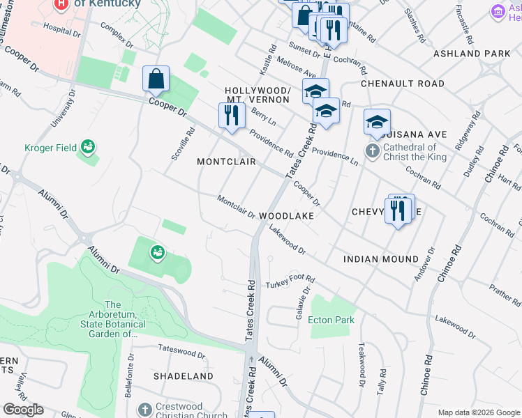 map of restaurants, bars, coffee shops, grocery stores, and more near 1248 Eldemere Road in Lexington