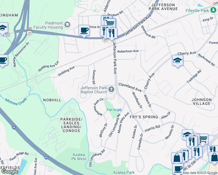 map of restaurants, bars, coffee shops, grocery stores, and more near 106 Sunset Avenue in Charlottesville