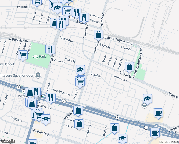 map of restaurants, bars, coffee shops, grocery stores, and more near 405 School Street in Pittsburg