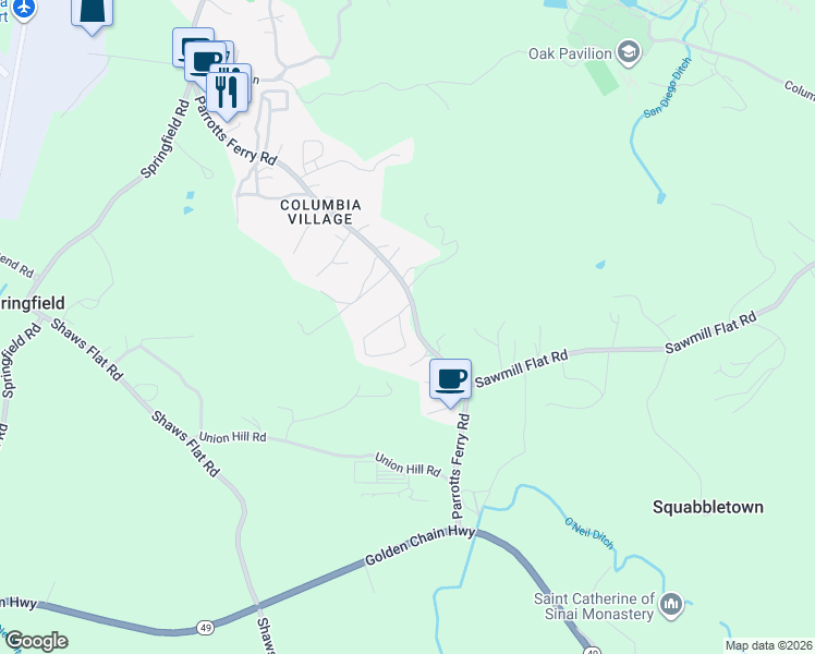 map of restaurants, bars, coffee shops, grocery stores, and more near 11398 Columbia Village Drive in Sonora